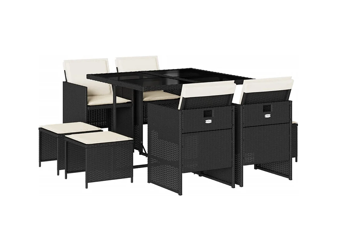 Steno  Ensemble à manger jardin 9pcs et coussins noir résine tressée