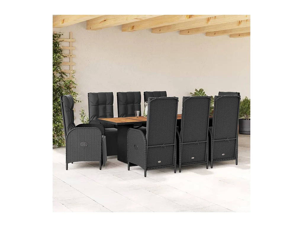 Gylfre  Ensemble à manger de jardin 9pcs coussins noir résine tressée