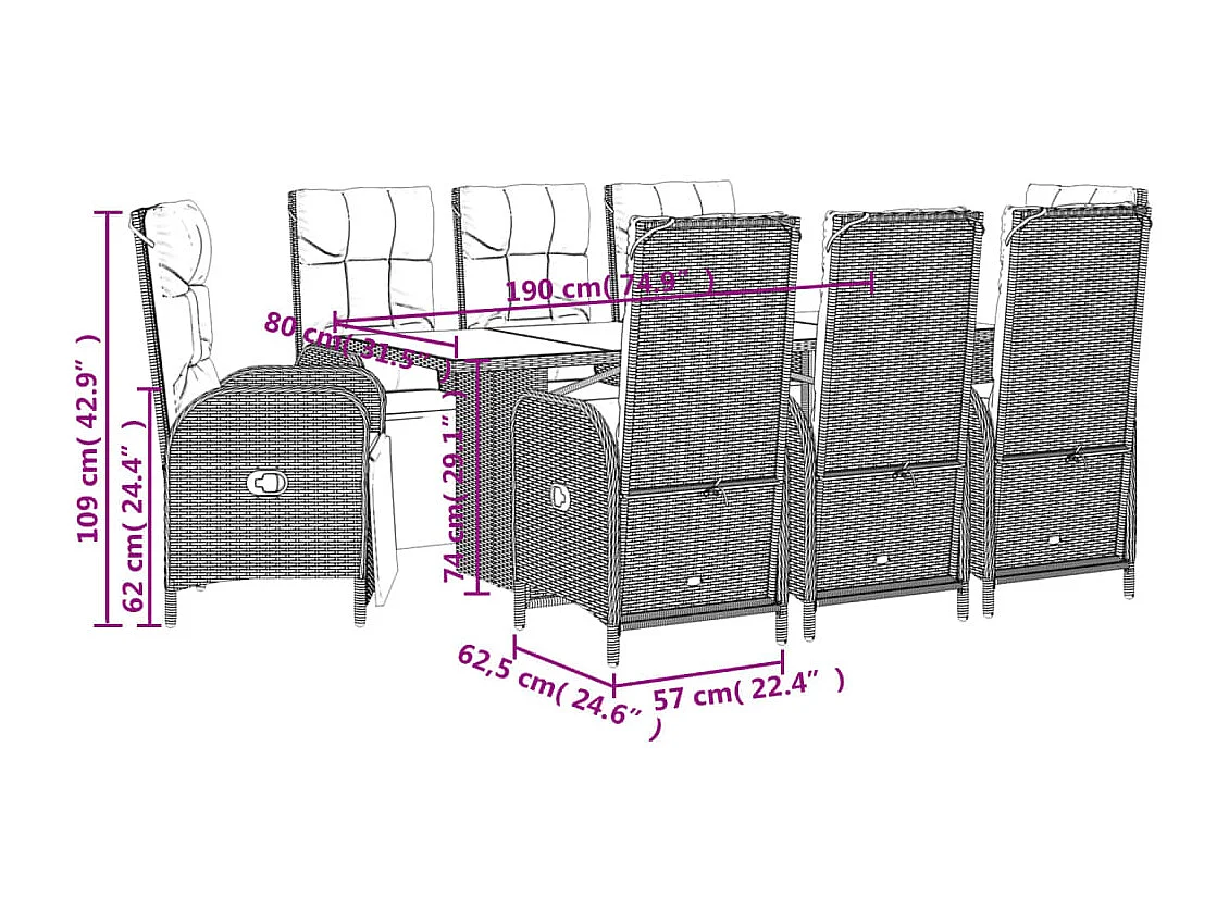 Gylfre  Ensemble à manger de jardin 9pcs coussins noir résine tressée