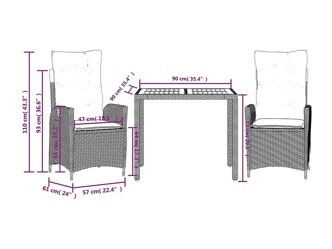 Wanda  Ensemble à manger de jardin 3 pcs coussins gris résine tressée