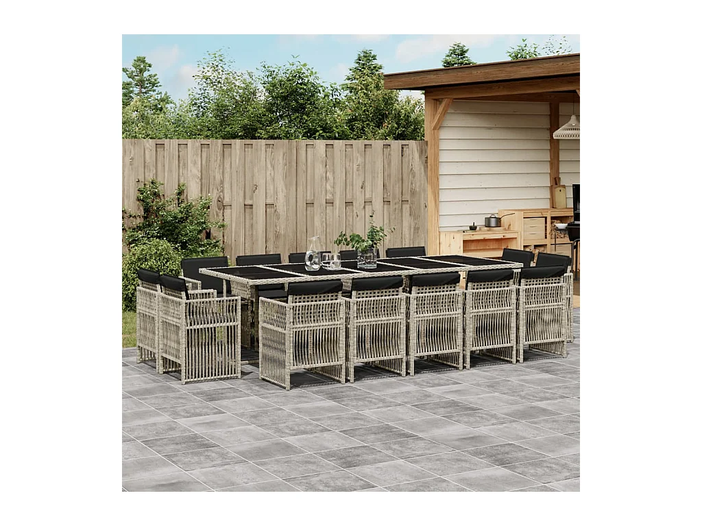 Steenbergen  Ensemble à manger de jardin et coussins 15 pcs gris clair rotin