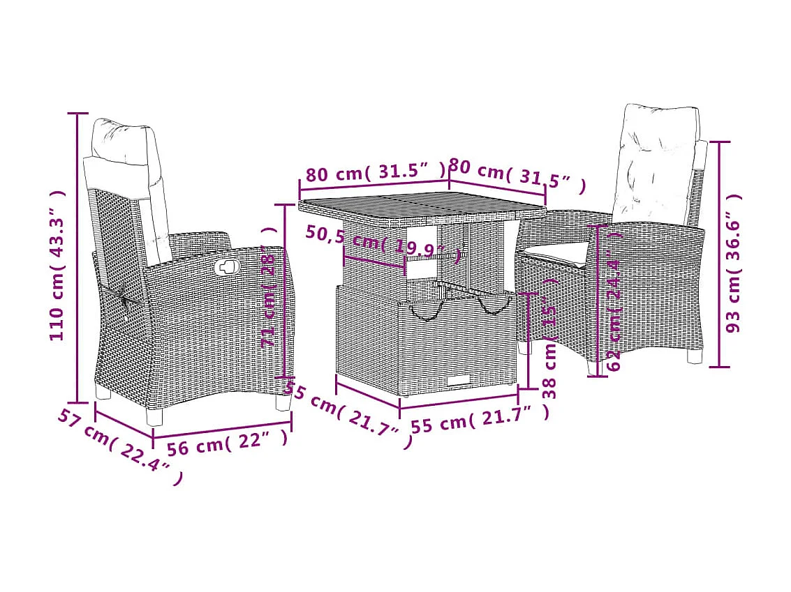 Necati  Ensemble à manger de jardin et coussins 3 pcs Beige poly rotin