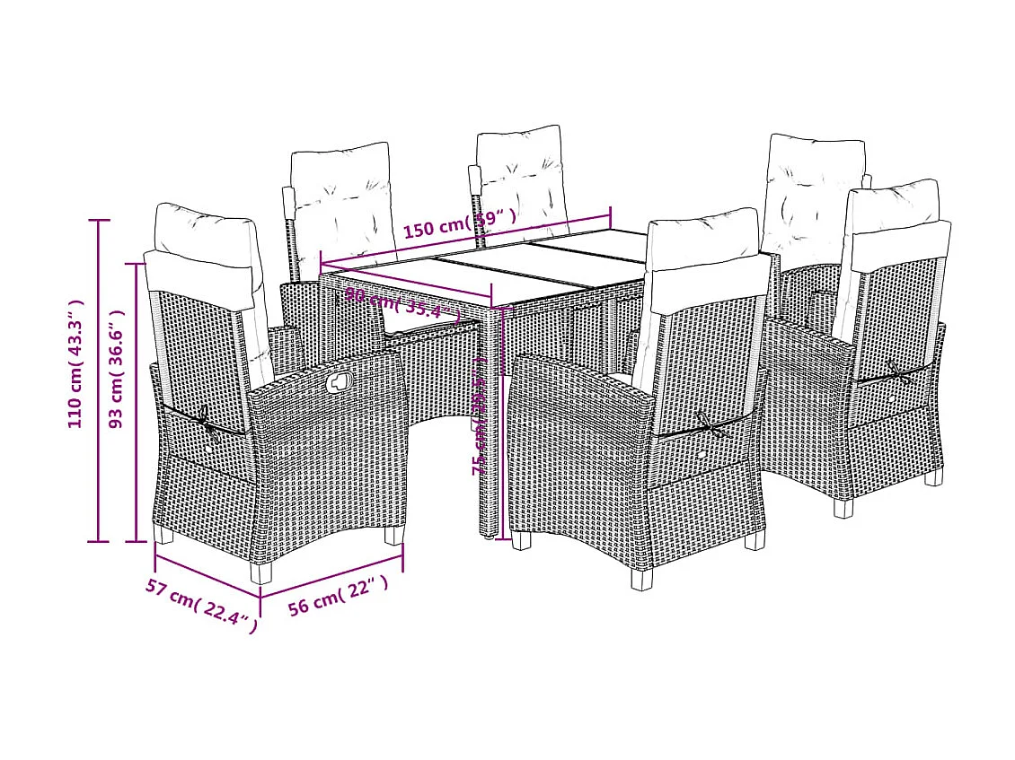 Great Bend  Ensemble à manger de jardin coussins 7pcs Noir Résine tressée