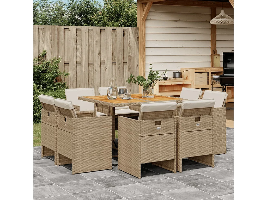 Jeroen  Ensemble à manger de jardin et coussins 9 pcs beige Poly rotin
