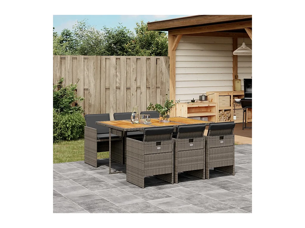 Jesse  Ensemble à manger de jardin et coussins 7 pcs gris rotin