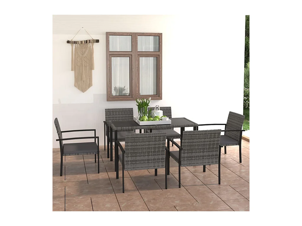 Tue  Ensemble à manger de jardin 7 pcs Résine tressée Gris