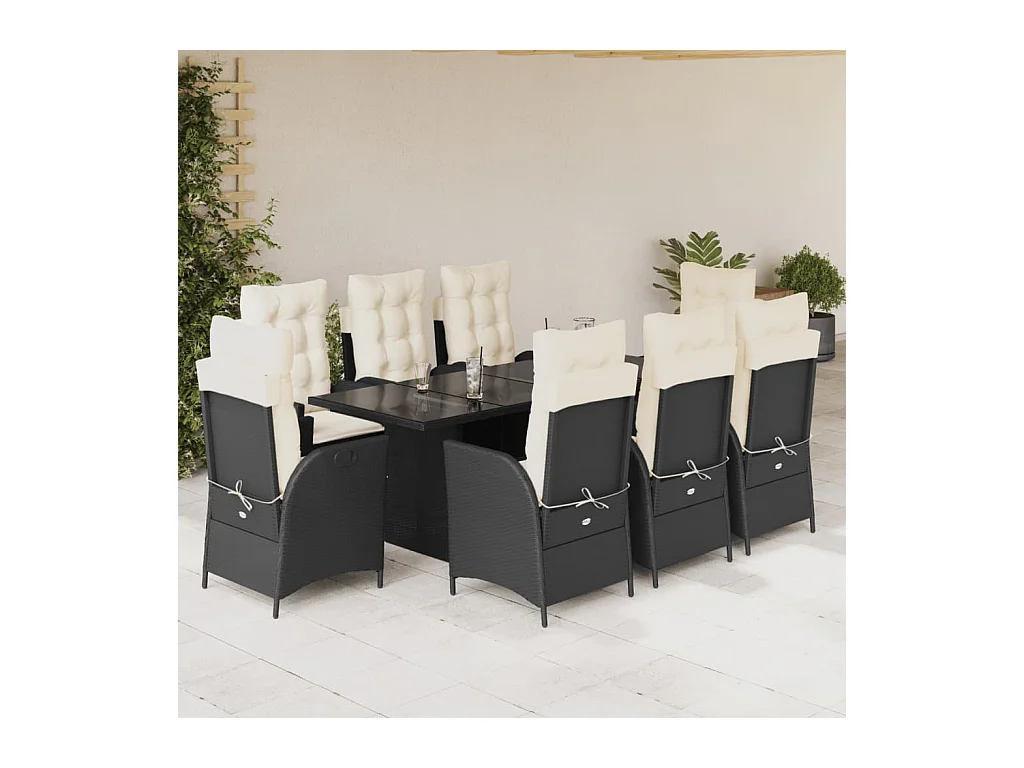 Emory  Set de comedor de jardín 9 pzas y cojines ratán sintético negro