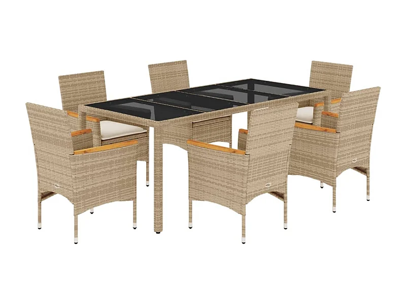 Bakersfield  7-delige Tuinset met kussens poly rattan en glas beige
