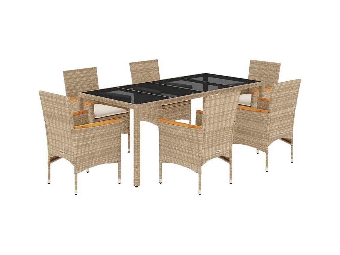 Bakersfield  7-delige Tuinset met kussens poly rattan en glas beige
