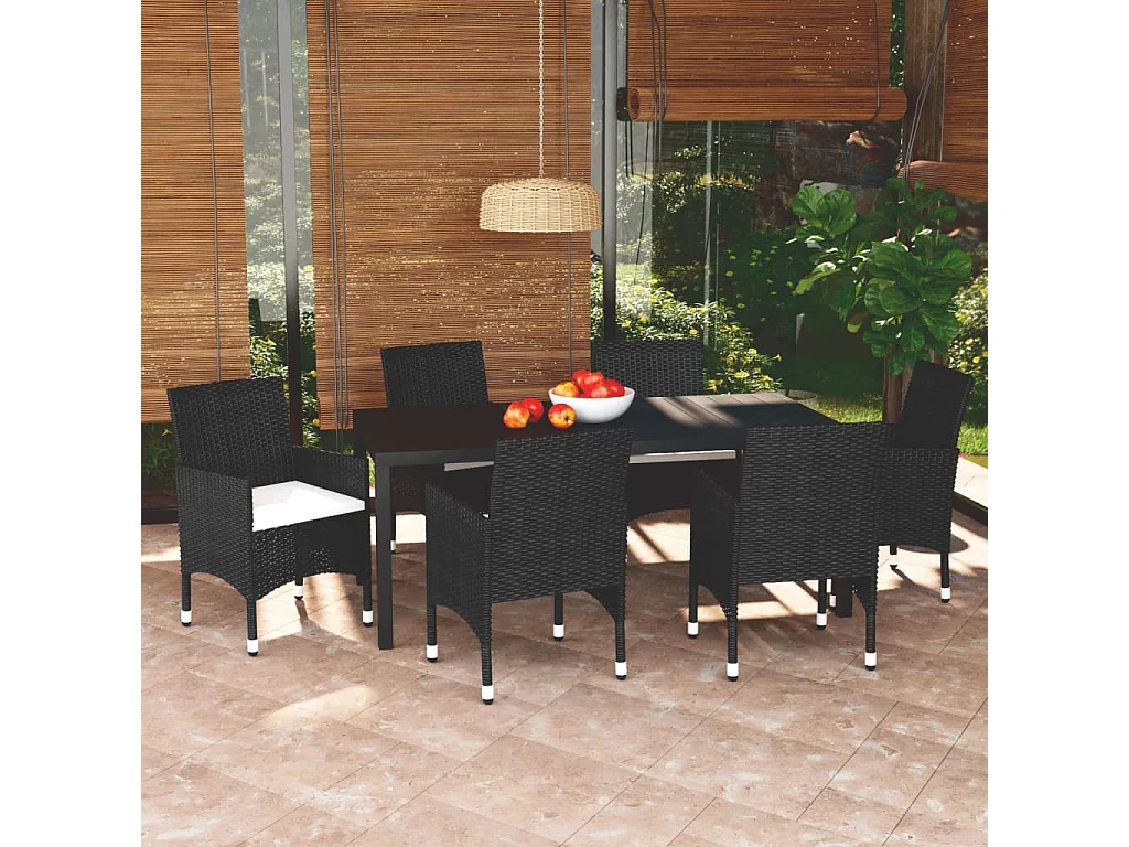 Kelly  Ensemble à manger de jardin coussins 7pcs Résine tressée Noir