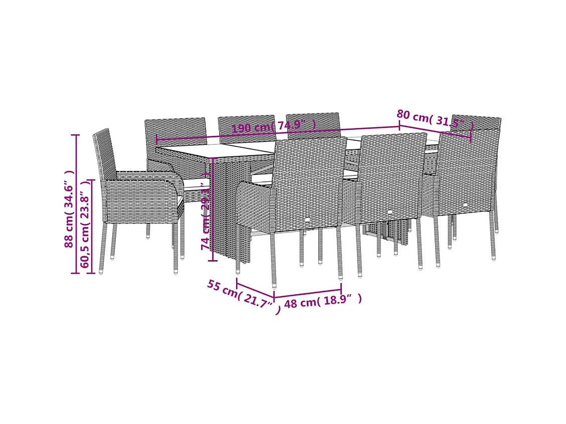 Ymir  Ensemble à manger de jardin 9 pcs coussins gris résine tressée