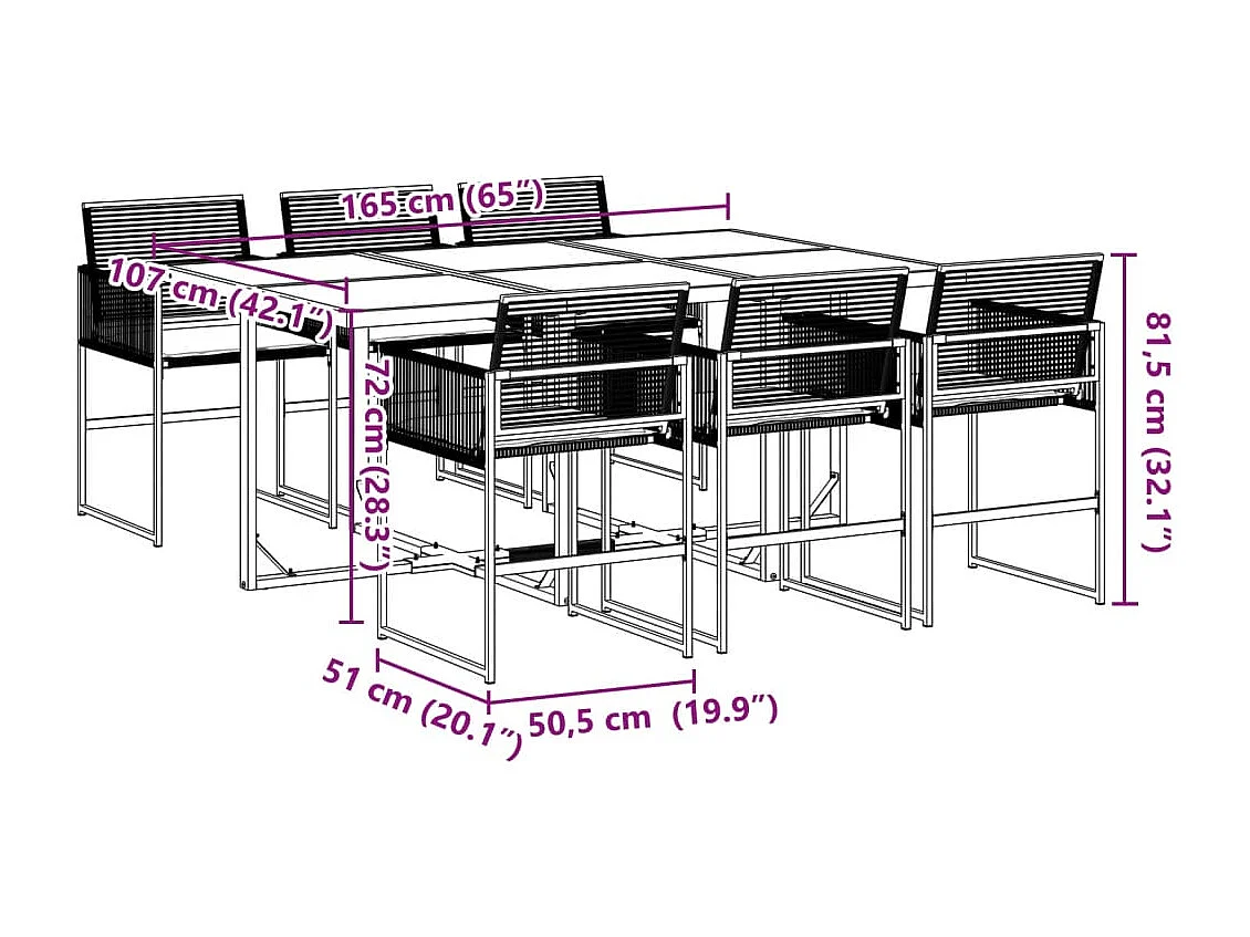 Vynne  Ensemble à manger de jardin coussins 7 pcs noir résine tressée
