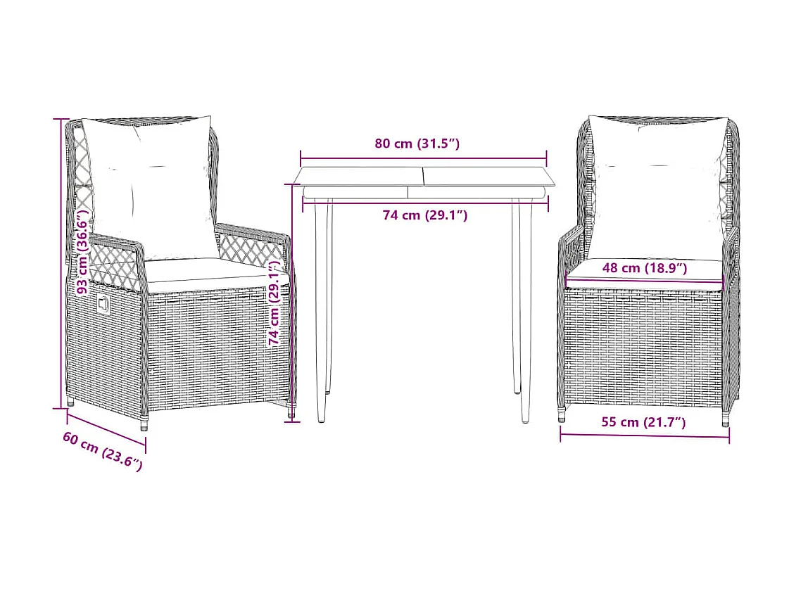 Zalan  3-delige Tuinset met kussens poly rattan zwart