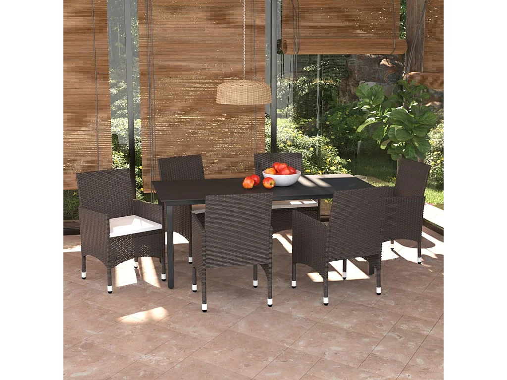 Wausau  Ensemble à manger de jardin et coussins 7 pcs marron poly rotin