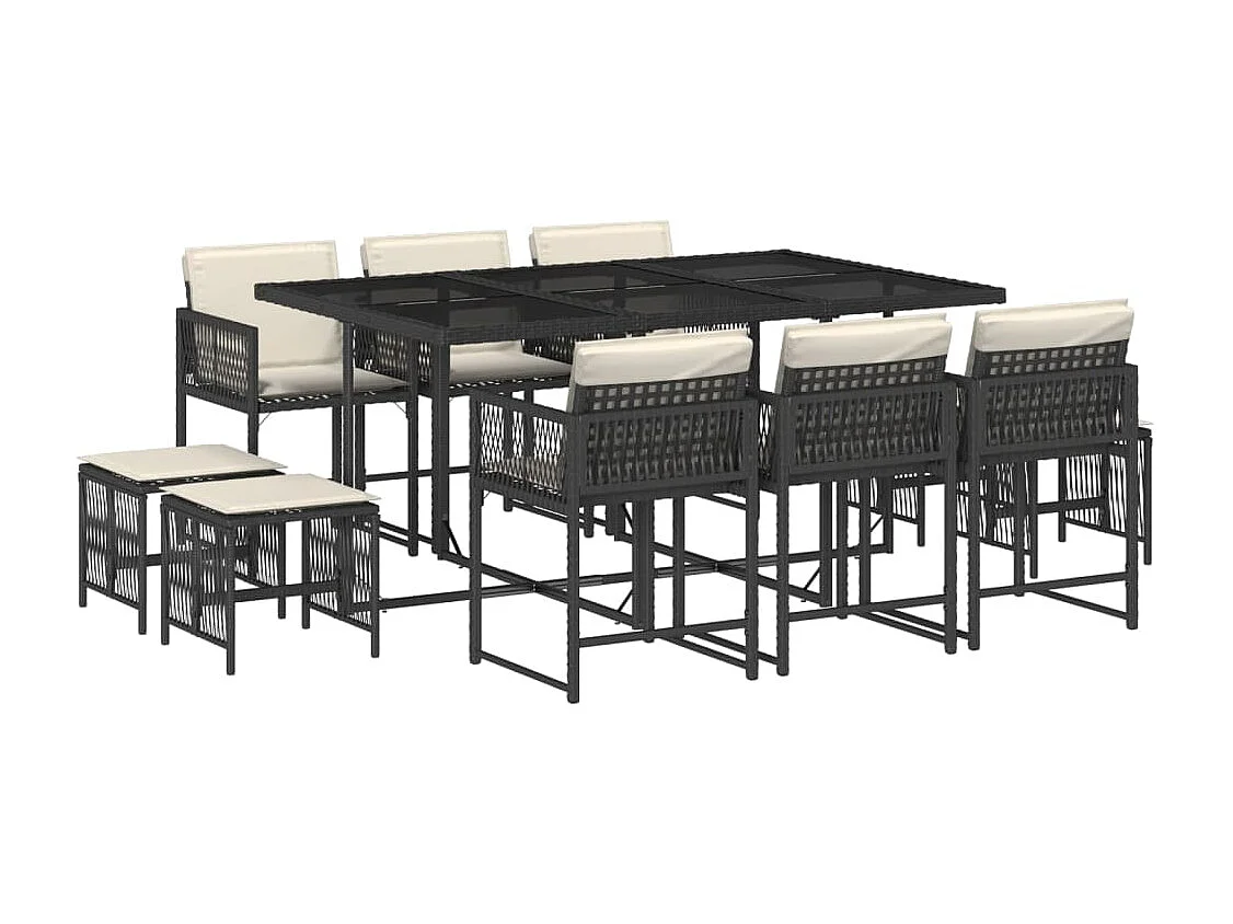 Xeli  Set de comedor jardín 11 pzas con cojines ratán sintético negro