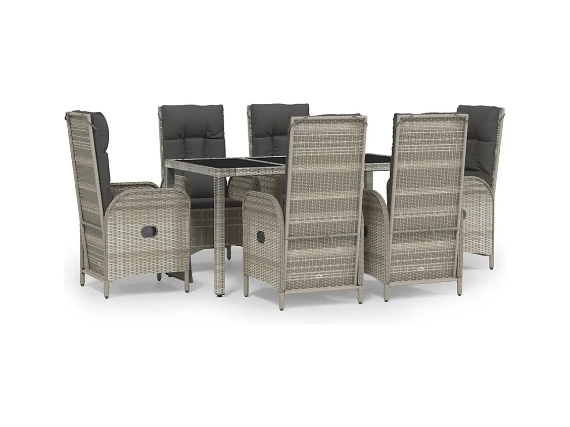 Piero  Ensemble à manger jardin et coussins 7 pcs gris rotin