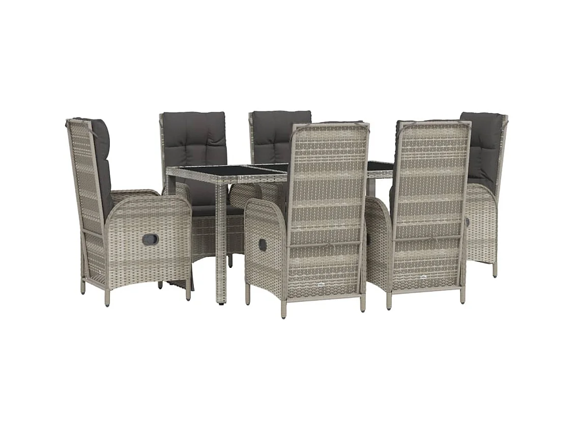 Piero  Ensemble à manger jardin et coussins 7 pcs gris rotin