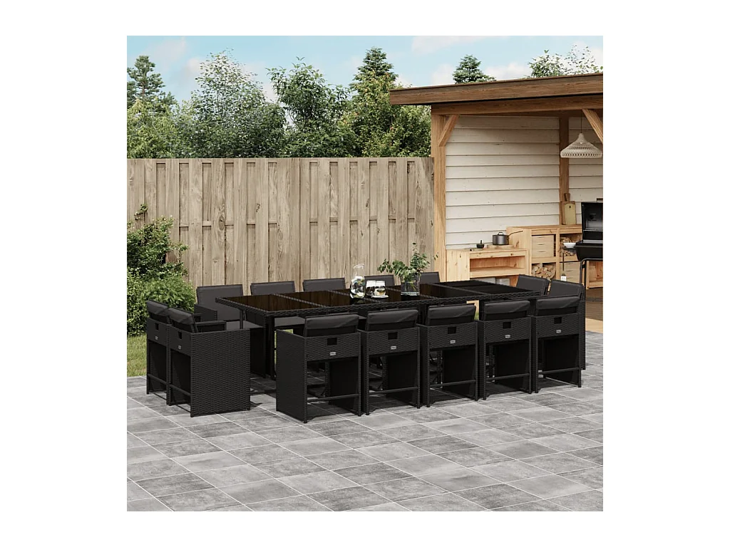 An Daingean  Set comedor de jardín con cojines 15 pzas ratán sintético negro