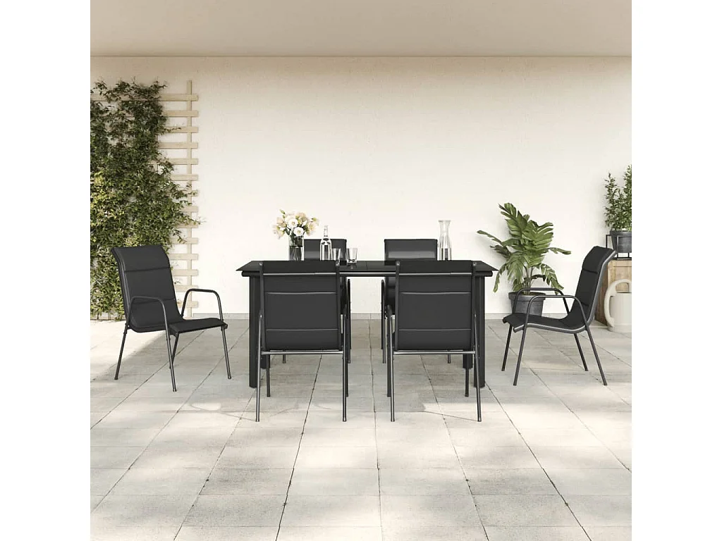 Skorja  Ensemble à manger de jardin 7 pcs noir textilène et acier