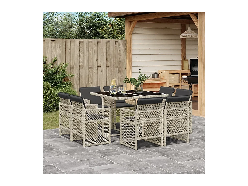 Tatu  Ensemble à manger de jardin et coussins 9 pcs gris clair rotin
