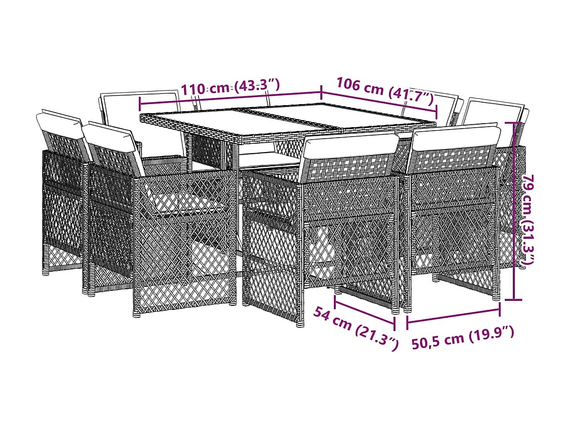 Tatu  Ensemble à manger de jardin et coussins 9 pcs gris clair rotin
