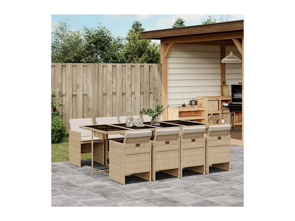 Jesse  Ensemble à manger de jardin et coussins 9 pcs beige Poly rotin