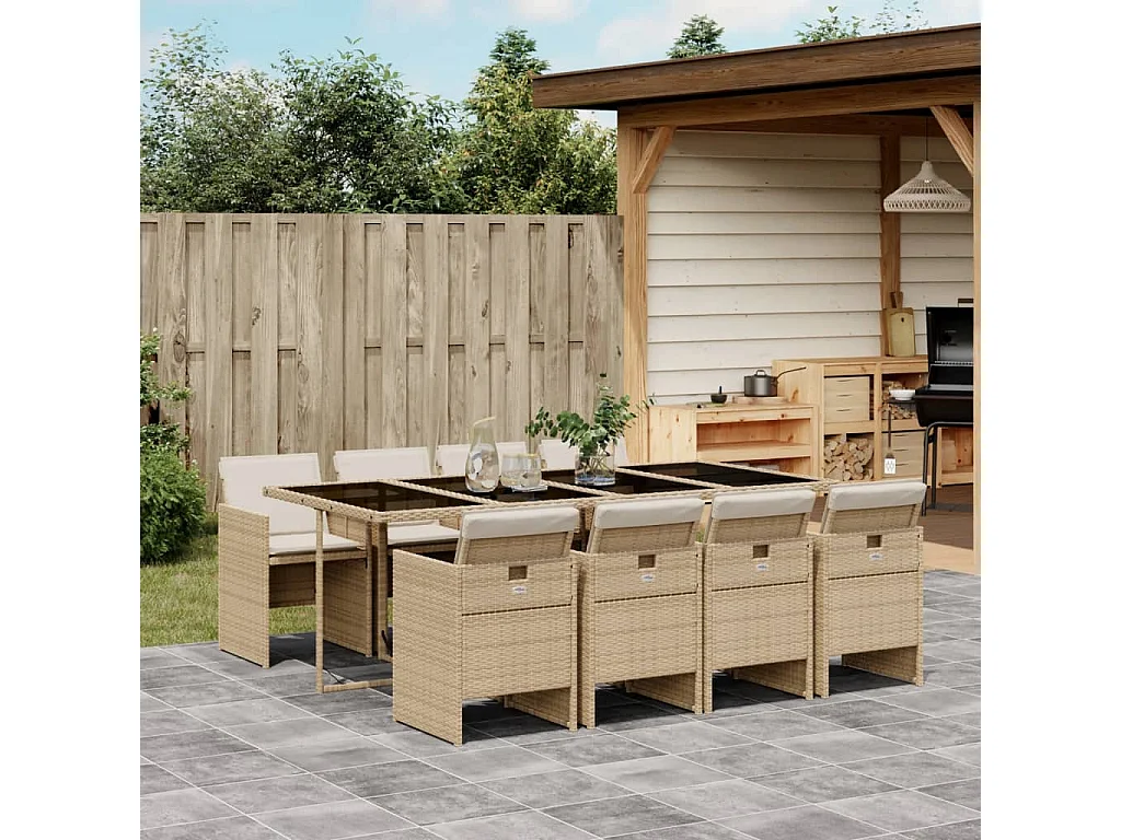 Jesse  Ensemble à manger de jardin et coussins 9 pcs beige Poly rotin