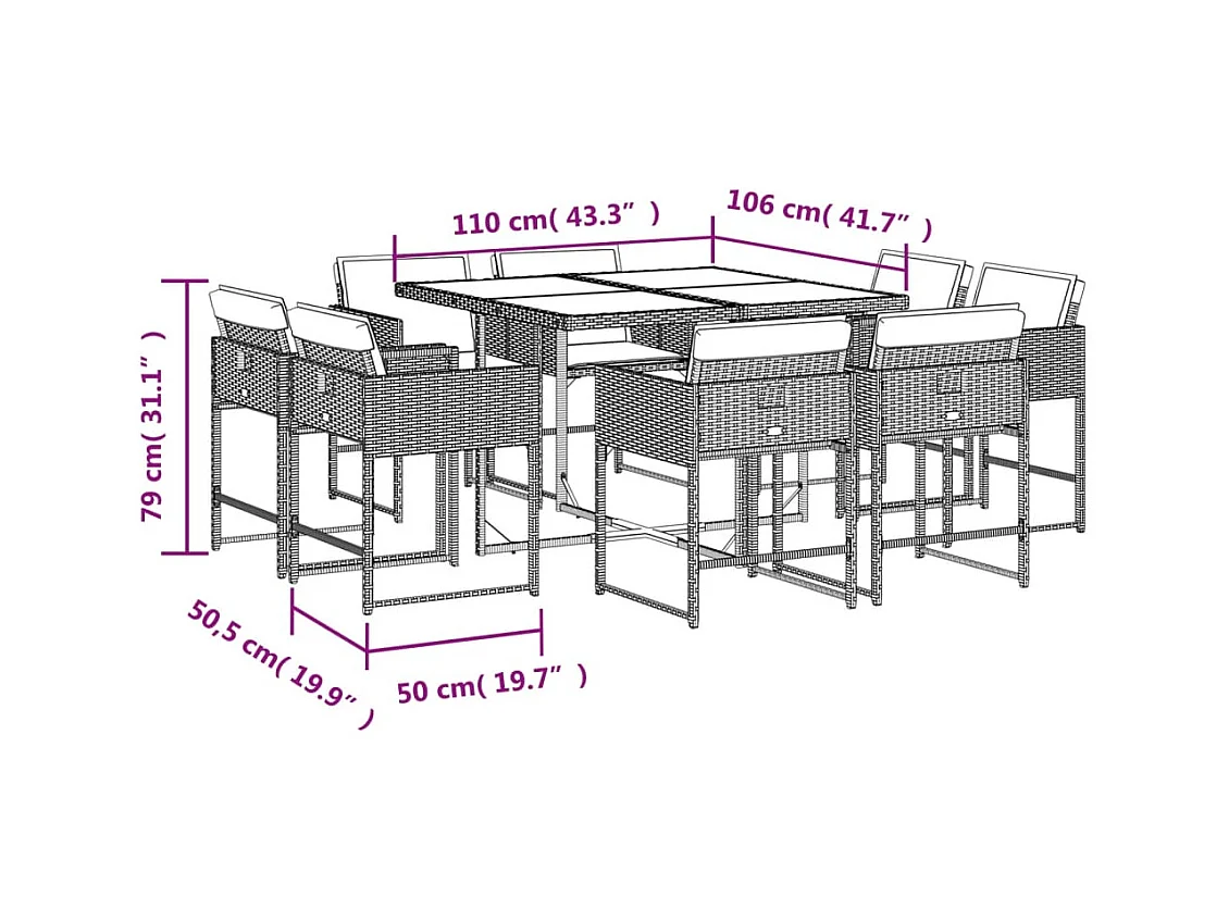 Heumen  9-delige Tuinset met kussens poly rattan gemengd beige