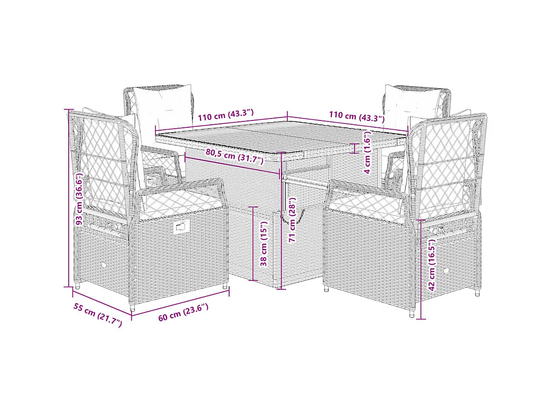 Ylva  5-delige Tuinset met kussens poly rattan beige
