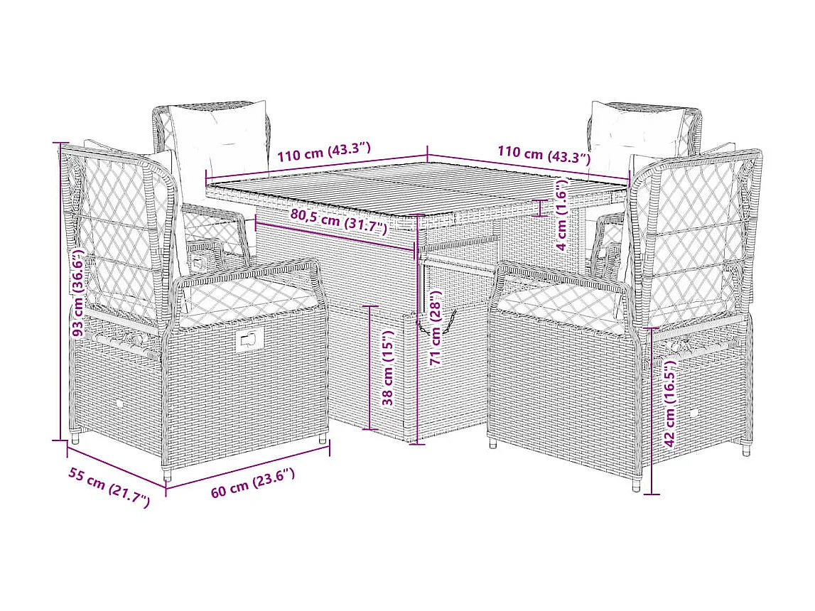 Ylva  5-delige Tuinset met kussens poly rattan beige