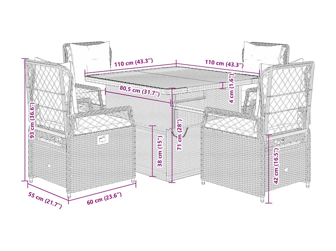 Ylva  Ensemble à manger de jardin avec coussins 5pcs Beige poly rotin