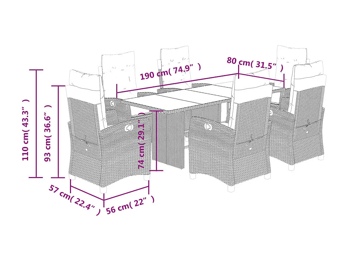 Bryndra  Ensemble à manger de jardin et coussins 7 pcs marron rotin