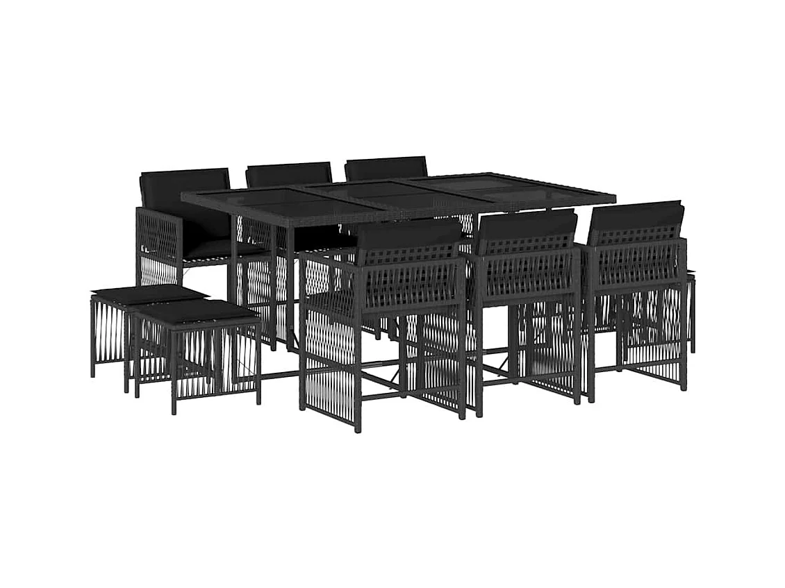 Laura Lucía  Ensemble à manger de jardin 11 pcs coussins noir résine tressée