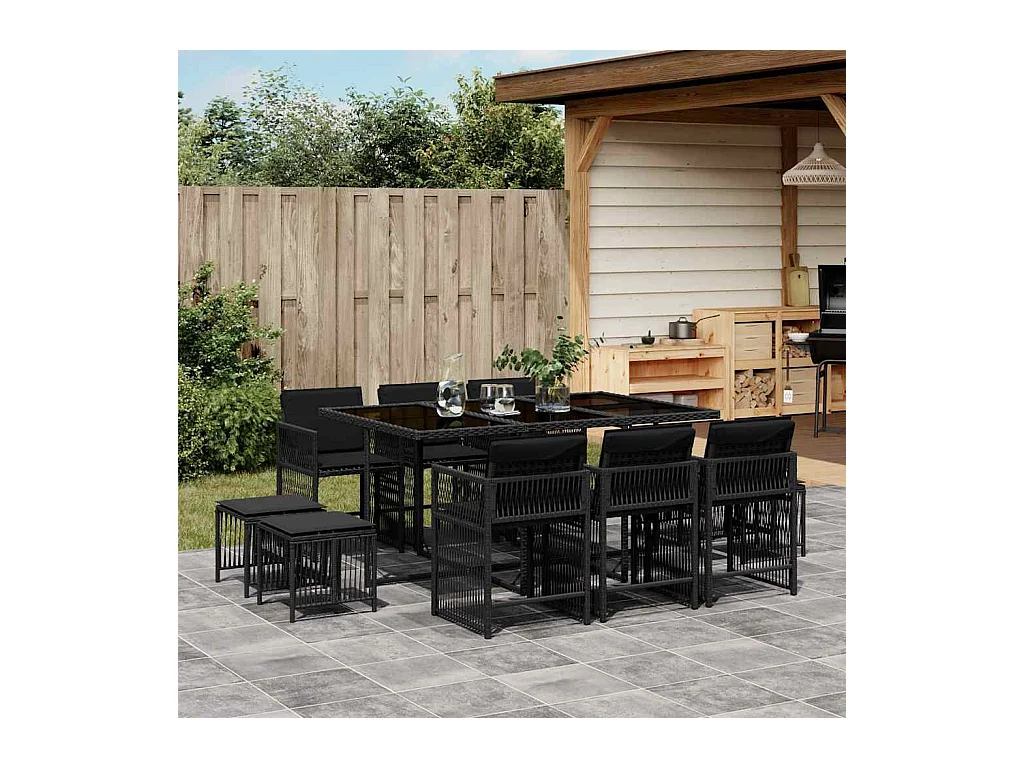 Laura Lucía  Ensemble à manger de jardin 11 pcs coussins noir résine tressée