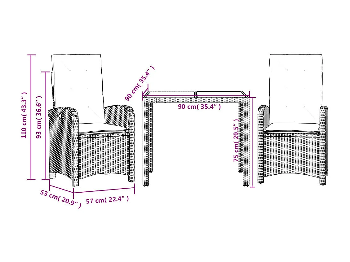 Vinkel  Ensemble à manger de jardin 3 pcs coussins gris résine tressée