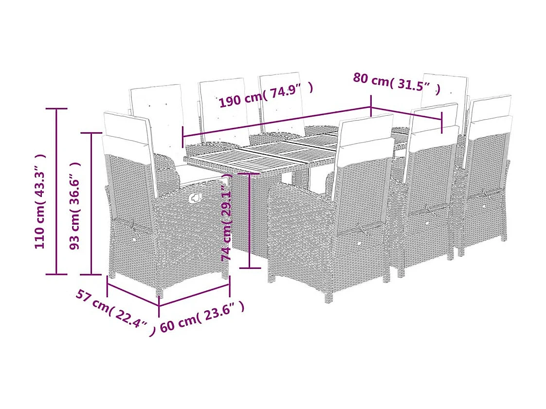 Thomian  Set comedor de jardín 9 pzas con cojines ratán sintético beige