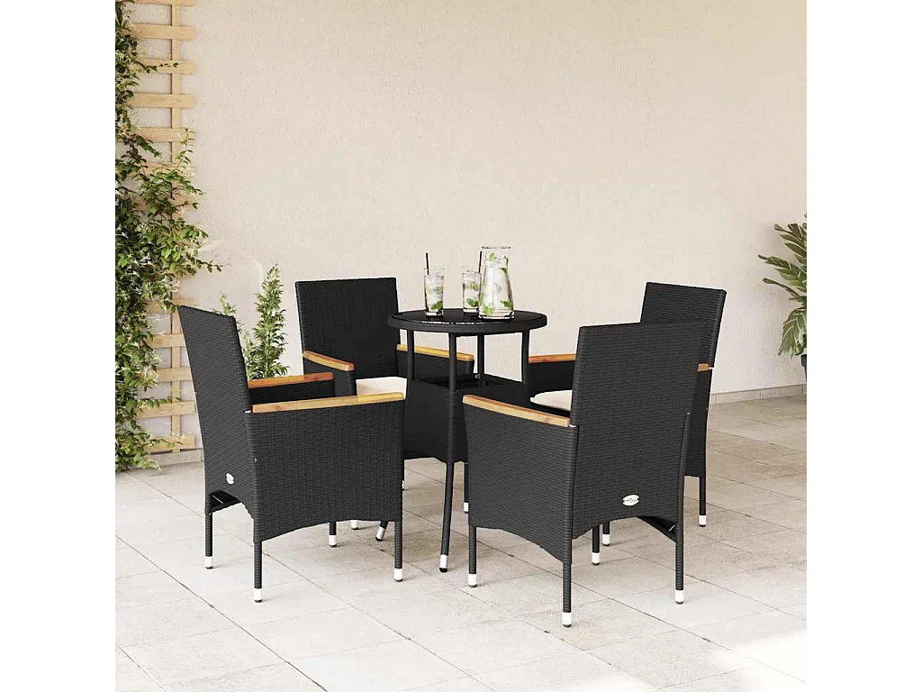 Eudes  Ensemble à manger de jardin et coussins 5 pcs noir rotin verre