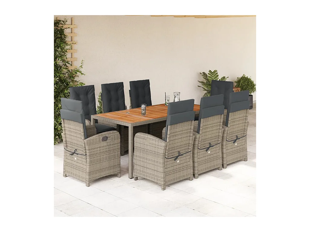 Adrien-Paul  Set comedor jardín 9 pzas y cojines ratán sintético gris