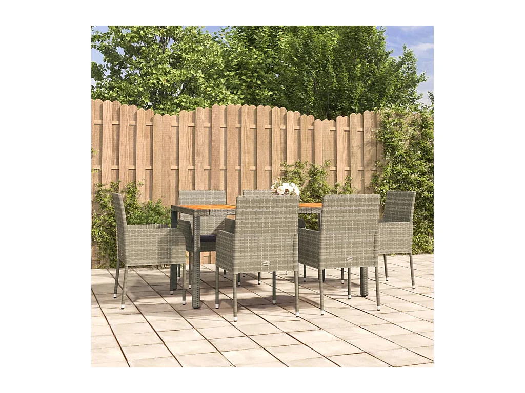 Tyron  Ensemble à manger jardin et coussins 7 pcs gris rotin