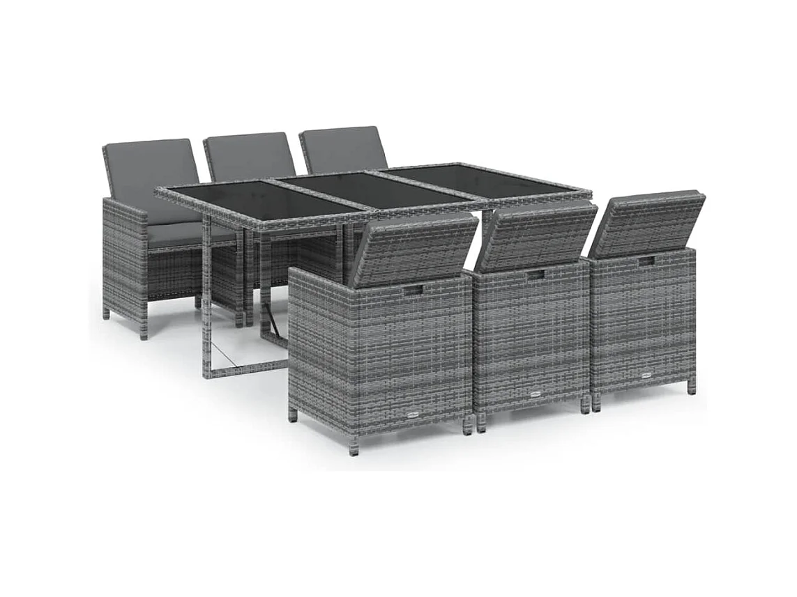 Hugo  Ensemble à manger de jardin coussins 7pcs Résine tressée Gris