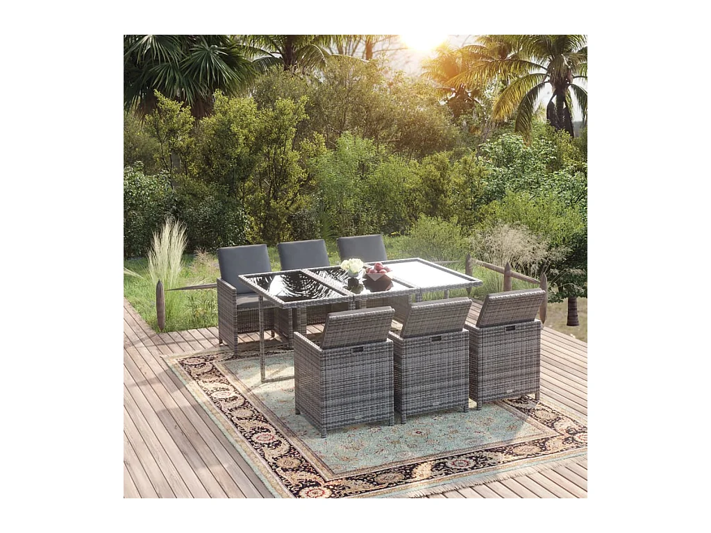 Hugo  Ensemble à manger de jardin coussins 7pcs Résine tressée Gris