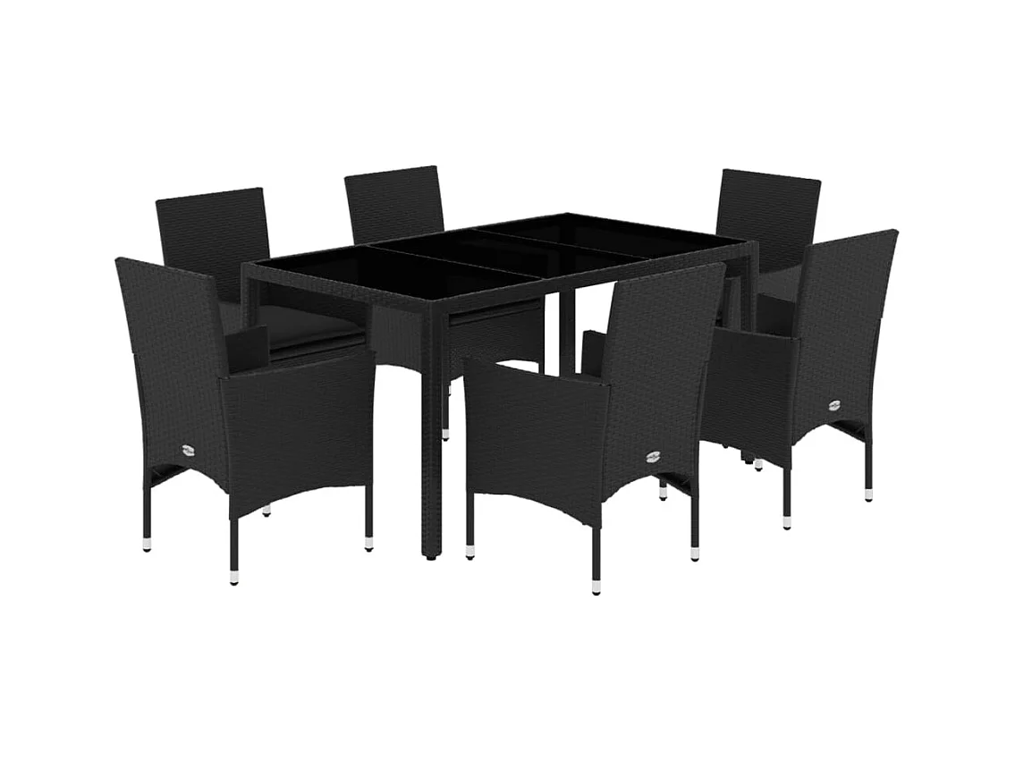 Stafford Springs  Ensemble à manger de jardin et coussins 7 pcs noir rotin acacia