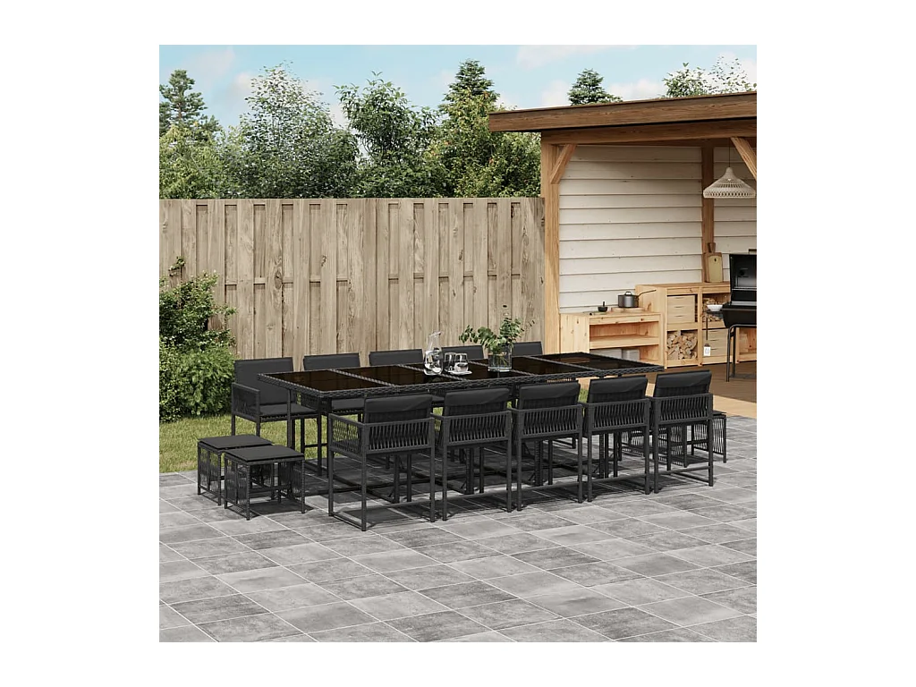 Xeli  Set comedor de jardín con cojines 15 pzas ratán sintético negro