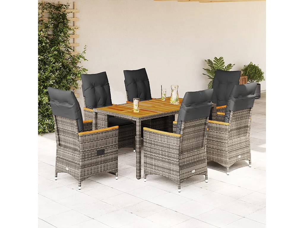 Prolenta Premium -  Set comedor jardín 7 pzas y cojines ratán sintético gris