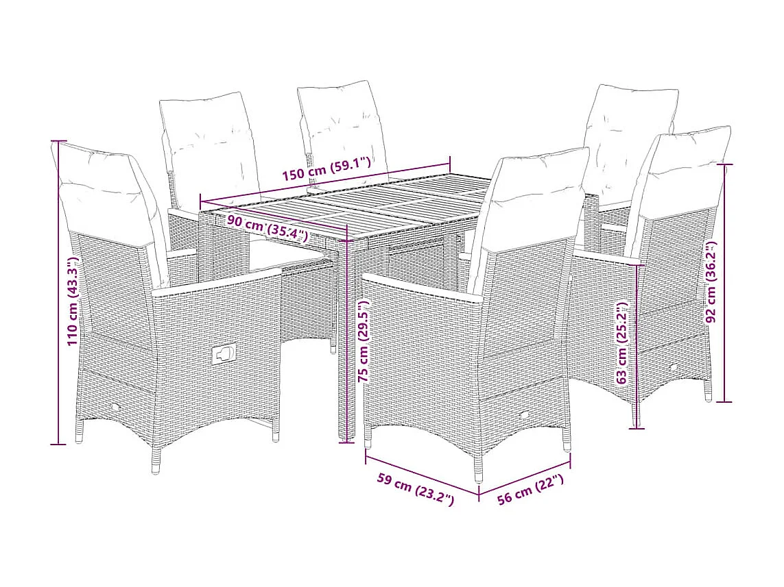 Prolenta Premium -  Set comedor jardín 7 pzas y cojines ratán sintético gris