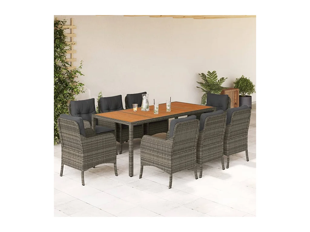 Waalre  Ensemble à manger de jardin 9 pcs coussins gris résine tressée