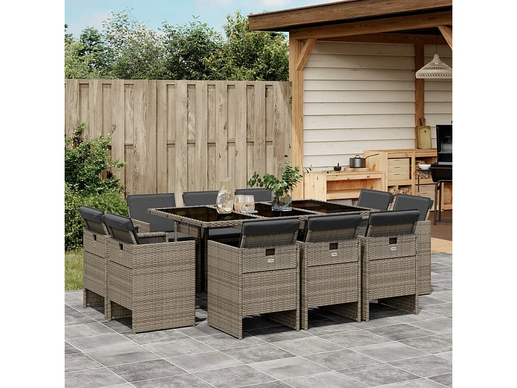 Jeroen  Ensemble à manger de jardin 11pcs avec coussins gris poly rotin