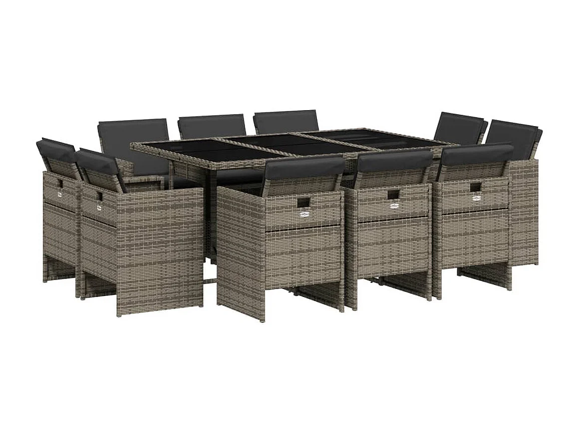 Jeroen  Ensemble à manger de jardin 11pcs avec coussins gris poly rotin