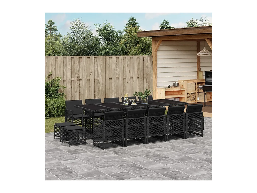 Lubbeek  Ensemble à manger de jardin 15 pcs coussins noir résine tressée