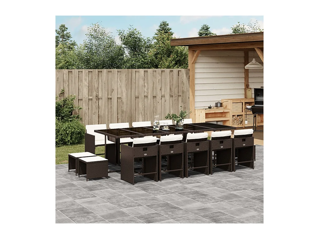 Zenn  Ensemble à manger de jardin avec coussins 15 pcs marron rotin